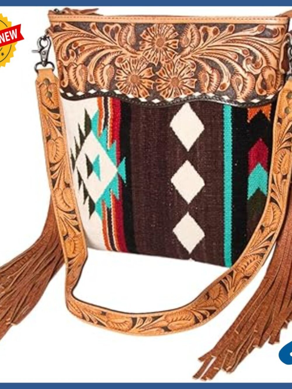 Genuine Leather Crossbody Bag with Hand Tooled Floral Carving and Woven Saddle